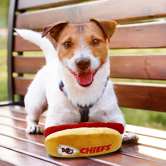 Pets First NFL Kansas City Chiefs HOT Dog Plush Dog & CAT Squeak Toy - Cutest HOT-Dog Snack Plush Toy for Dogs & Cats with Inner Squeaker & Beautiful Football Team Name/Logo 8 x 5 x 3 Inches