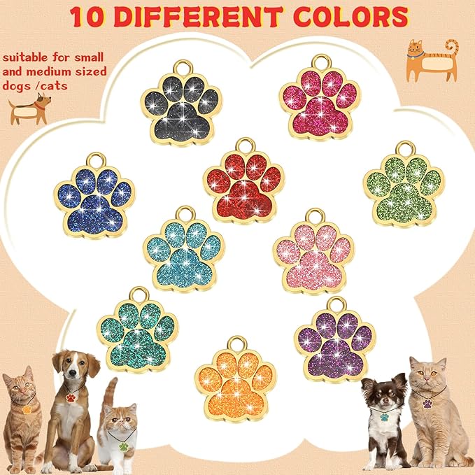 Abbylike 60 Pcs Personalized Dog Tags Blank Pet ID Tags Custom Glitter Paw Pet Tag Cute Metal Cat Name Tag Small DIY Engraved Puppy Name Tag for Dogs Pets(Gold)