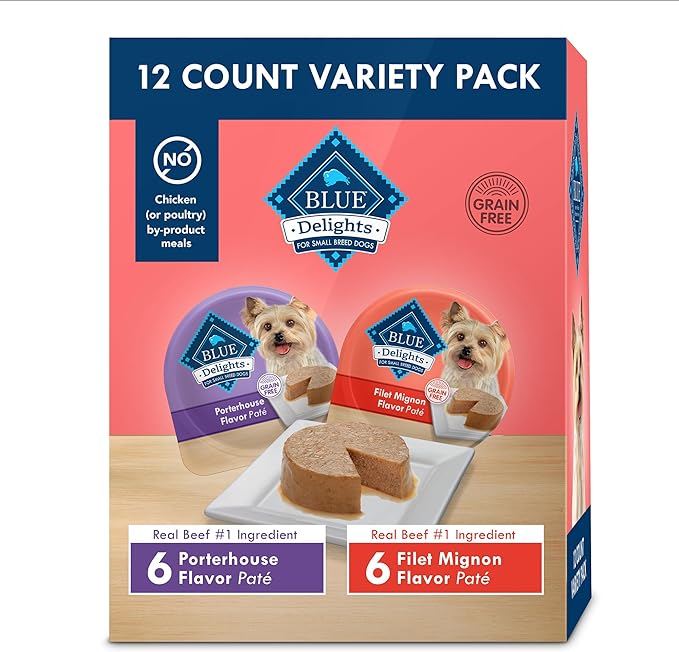 Blue Buffalo Delights Natural Adult Small Breed Wet Dog Food Variety Pack, Made with Natural Ingredients, Filet Mignon Flavor Paté & Porterhouse Flavor Paté, 3.5-oz. Cups (12 Count, 6 of Each)