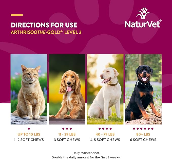 NaturVet ArthriSoothe-Gold Level 3 Advanced Joint Care for Dogs – Soft Chew Dog Supplement with Glucosamine, MSM, Chondroitin & Hyaluronic Acid – Wheat-Free Pet Supplements – 70 Ct.