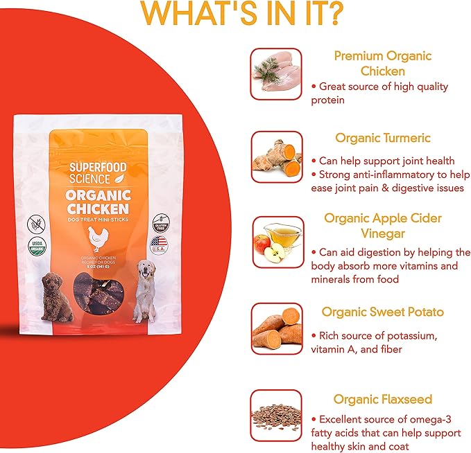 Organic Dog Treats with Chicken, Sweet Potato, Turmeric, and Flaxseed, Low-Calorie Semi-Soft Healthy Training Treats for Puppy, Small, Medium, and Large Dogs, Gluten-Free, 5 oz