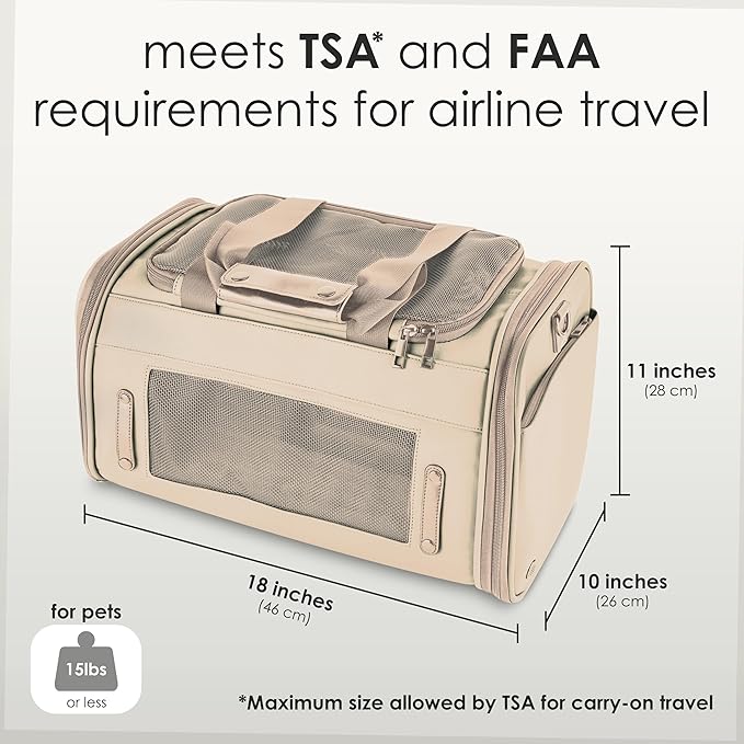 TSA Airline Approved PU Leather Luxury Pet Carrier - Size XS/S - for Small Dogs and Cats