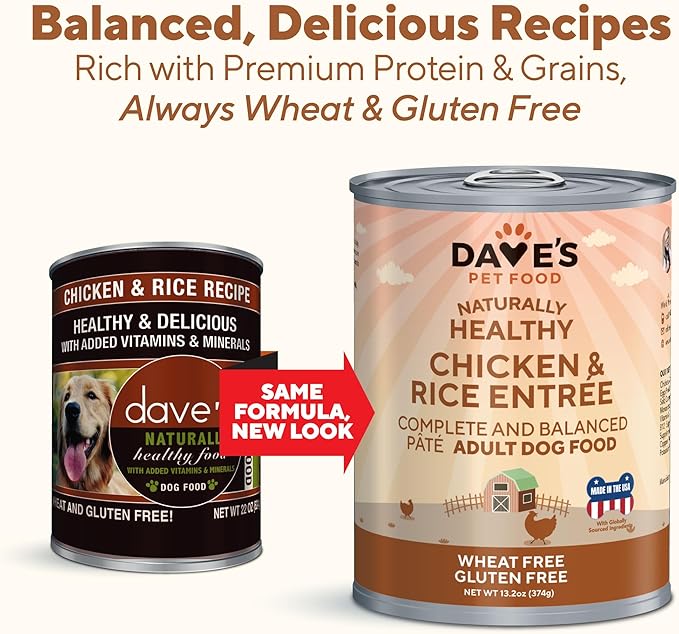 Dave's Pet Food Wet Dog Food (Chicken & Rice), Made in USA Naturally Healthy Canned Dog Food, Added Vitamins & Minerals, Wheat & Gluten-Free, 13.2 oz Cans (Case of 12 pk)