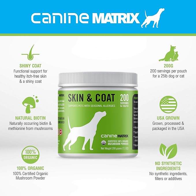 Canine Organic Mushroom Powder Skin and Coat Supplement, 200 Grams (Packaging May Vary)