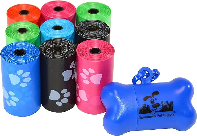 Downtown Pet Supply 180 Count Unscented Dog Waste Bags with Dog Poop Bag Dispenser, Rainbow with Paw Prints - Leak-Proof Dog Poop Bags Refills with Leash Clip and Bone Bag Dispenser - 12.5 x 8.5"