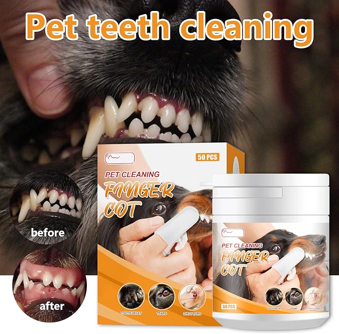 Pet Dental Fingers Wipes, 50Pcs Dog Teeth Cleaning Finger Cots, Oral Wipes Pads for Dogs and Cats Ear Eye Face - Optimize Oral Health Reduces Plaque, Freshens Breath