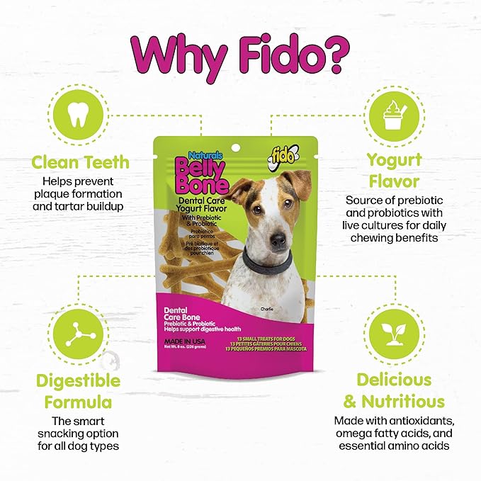 Belly Bones for Dogs, 13 Yogurt Flavor Small Dog Dental Treats (Made in USA) - 13 Count Dog Treats for Small Dogs - Plaque and Tartar Control for Fresh Breath, Digestive Health Support