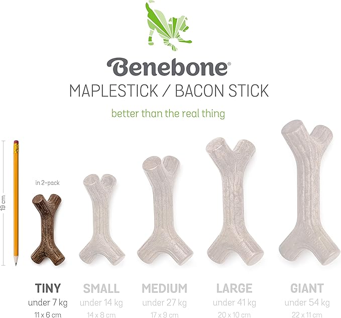 Benebone 2-Pack Maplestick/Zaggler Durable Dog Chew Toys, Real Bacon, Real Maplewood, Made in USA, Tiny, Extra Small, Brown