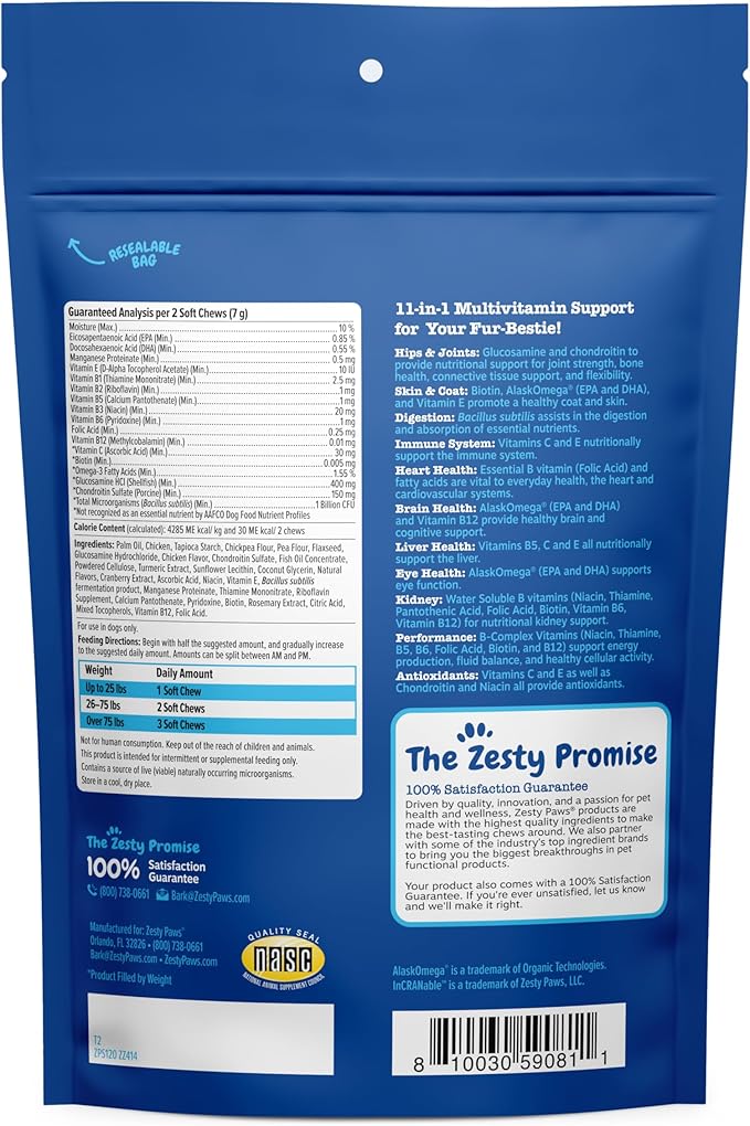 Zesty Paws Multivitamin Treats for Dogs - Glucosamine Chondroitin for Joint Support + Digestive Enzymes & Probiotics - Grain Free Dog Vitamin for Skin & Coat + Immune Health Chicken - Advanced - 60ct