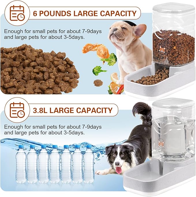 Automatic Dog Cat Gravity Feeders Water Bowl Dispenser Cat Water Fountain Large Capacity 3.8L,1 Gallon Large Capacity for Small Medium Pets (Grey)