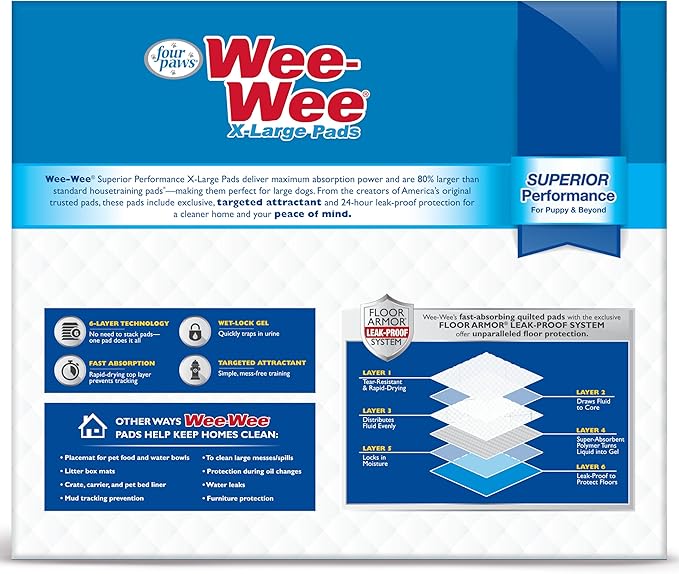 Four Paws Wee-Wee Superior Performance X-Large Pee Pads for Dogs - Puppy & Dog Pads for Potty Training - Dog Supplies for Housebreaking - 28" x 34" (200 Count)