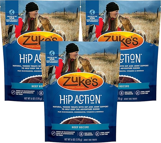 Zuke's Hip Action Dog Treats, Beef Recipe, Natural & Tender Dog Treats with Hip & Joint Support, Dog Treats for Adult Dogs 6 Ounce (Pack of 3)