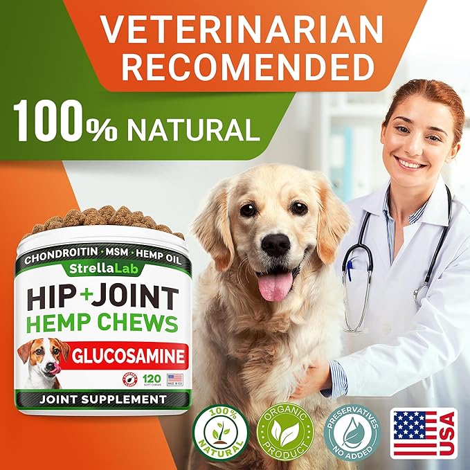 Advanced Hemp + Glucosamine Dog Joint Supplement - Hip Joint Pain Relief - Mobility Hemp Chews for Dogs - Chondroitin, MSM, Omega - Hemp Oil Treats - Made in USA - Lamb Flavor - 120 Hemp Treats