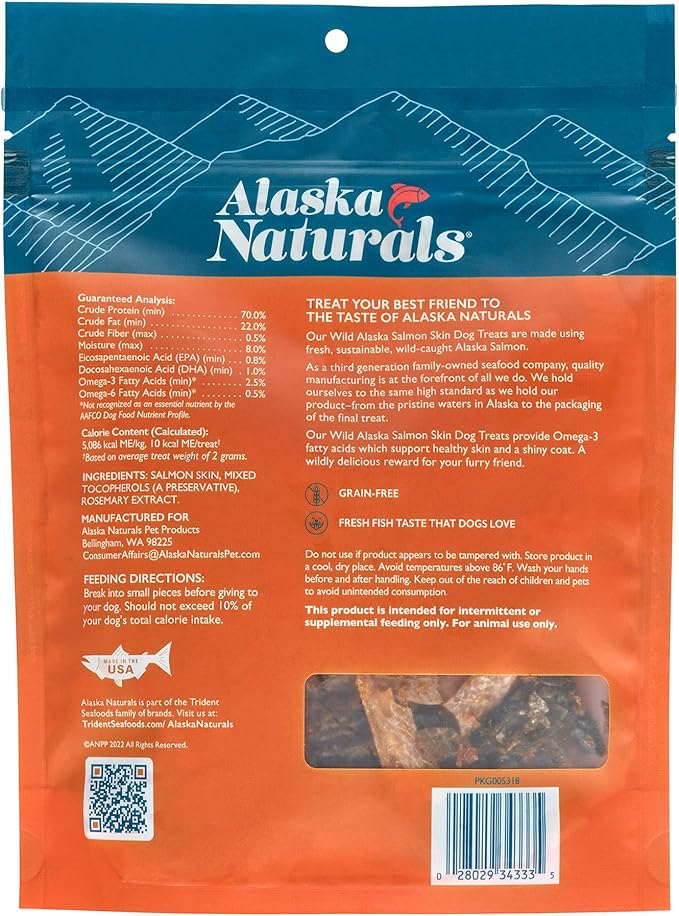 Alaska Naturals® 100% Wild-Caught Alaska Salmon Skin Dog Treats, Delivers 0.8% EPA & 1.0% DHA Omega-3 Fatty acids to Support Healthy Skin & Shiny Coat, Gluten Free, Grain Free Dogs Treat, 3 oz