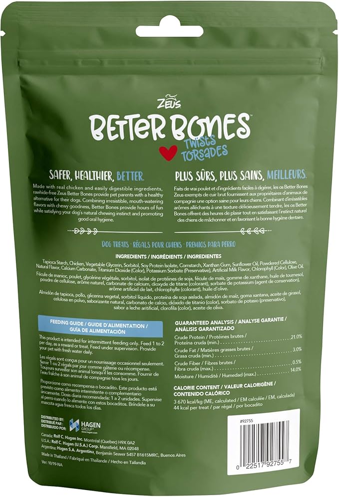 ZEUS Better Bones Twists Dog Treats, Milk and Chicken Twists 10 Pack - Rawhide Free Healthy Dog Treats