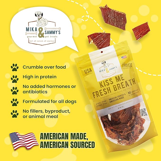 Gourmet Jerky Dog Treats - Natural Dog Treat Chicken Jerky for Dogs, Nutritious and Tasty Dog Jerky Treats Made in USA only, Cage-Free Chicken, No Additives (Mika & Sammy's Kiss Me Fresh Breath 12 oz)