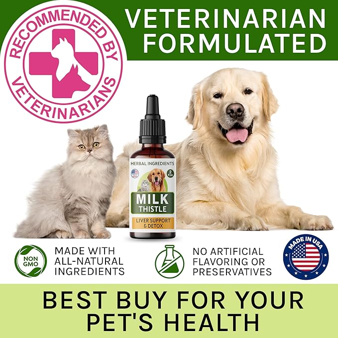 Milk Thistle for Dogs and Cats - Liver Support Supplement - Canine Hepatic Care - Cat & Dog Liver Cleanse - Liquid Milk Thistle Drops for Pets - Liver Protection & Defence - Made in USA - 2 fl oz