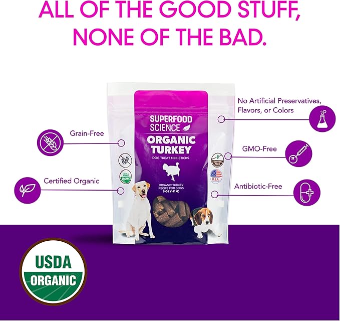 Organic Dog Treats for Small, Medium, and Large Breeds, Semi-Soft Organic Turkey Dog Training Jerky Snack Bites, All-Natural & Gluten-Free, Immunity & Hypoallergenic recipe, 5 oz