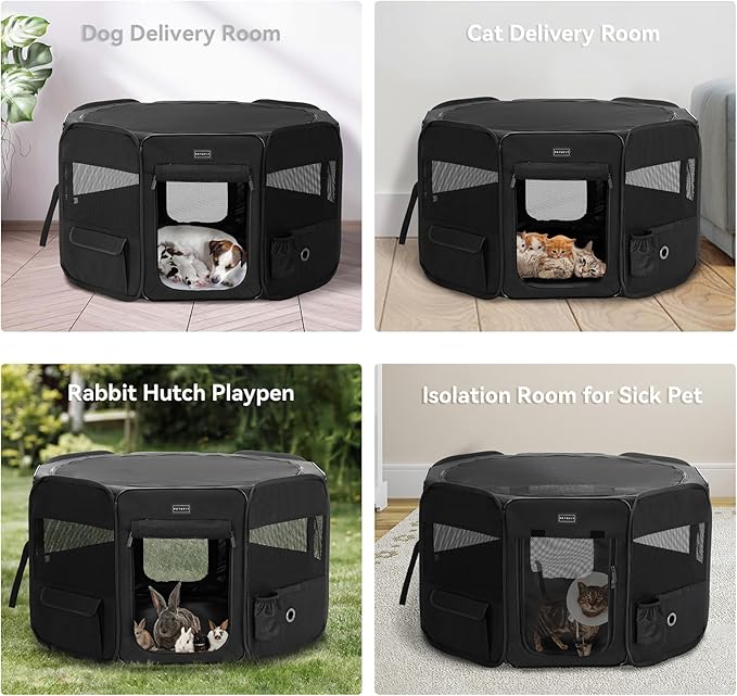 PETSFIT Dog Playpen, 36" Sturdy Pop Up Dog Kennel Foldable Dog Pen Indoor Outdoor Puppy Playpen for Medium Dogs Cats with Traveling Bag Zipper Sealed Removable Mesh Top Leakproof Bottom Mat Black M