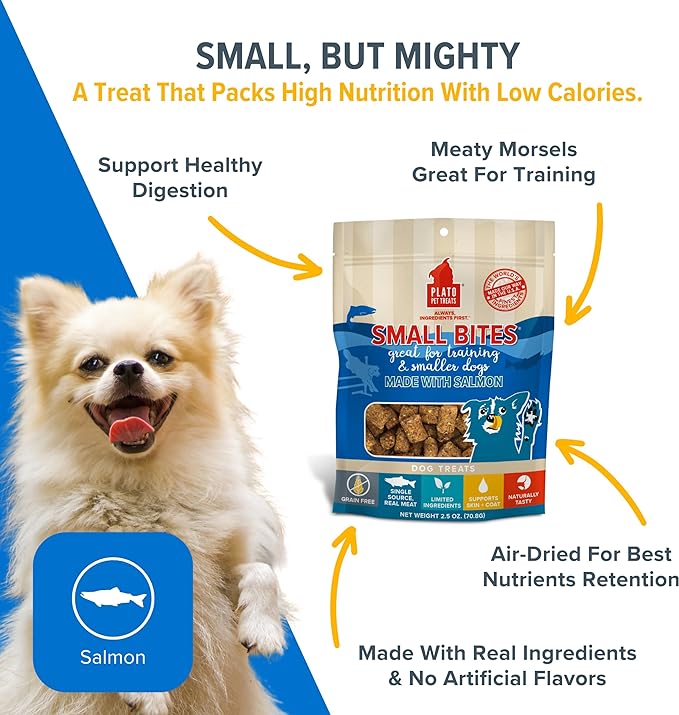 PLATO Small Bites Dog Treats, Natural Bite Sized Real Meat & Salmon Flavor, Grain Free & High in Protein, Air Dried Authentic Ingredients, 2 Calories Per Treat, Made in the USA, 6 Ounces