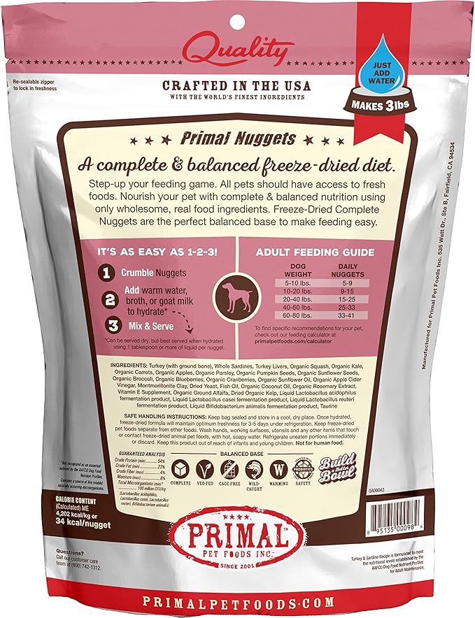 Primal Freeze Dried Dog Food Nuggets, Turkey & Sardine; Complete & Balanced Meal; Also Use as Topper or Treat; Premium, Healthy, Grain Free, High Protein Raw Dog Food, 14 oz