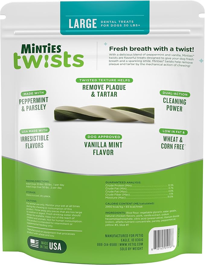 Minties Dental Twists for Dogs, Vet-Recommended Vanilla-Flavored Dental Chews, Dental Treats Clean Teeth, Fight Bad Breath and Removes Plaque and Tartar, Green, 12 Ounce (Pack of 1)