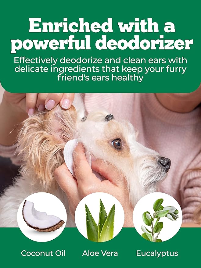 120ct Pet Ear Wipes for Dogs w/Itch Relief | Natural Coconut Oil, Eucalyptus & Aloe | Irritation Relief, Easy Otic Wax Cleaner Solution Pets