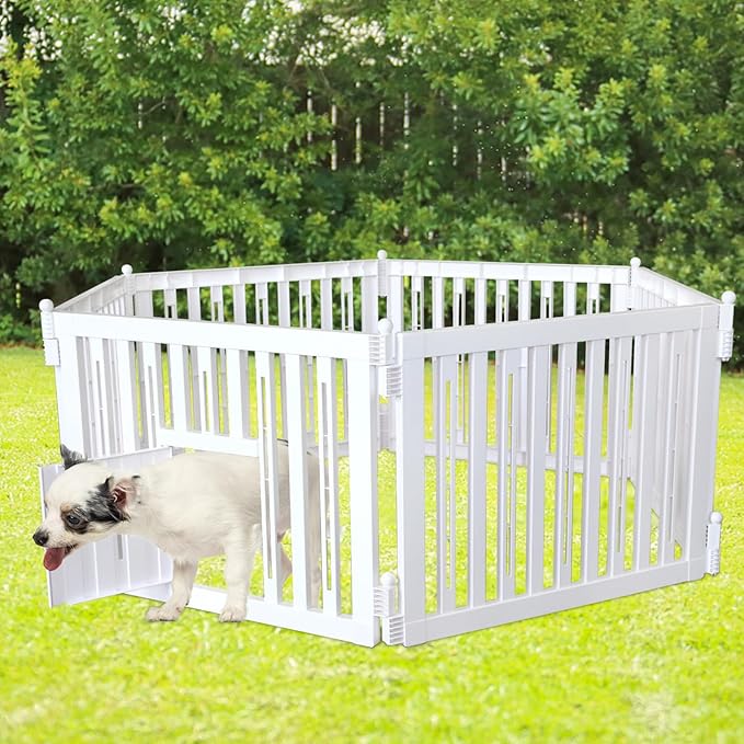 RIZZARI Foldable Plastic Dog Playpen, 6 Panels Pet Fence with Doors for Small Cats and Dogs, Portable Pet Barrier for Indoor and Outdoor, Easy to Assemble (Six panels with door)