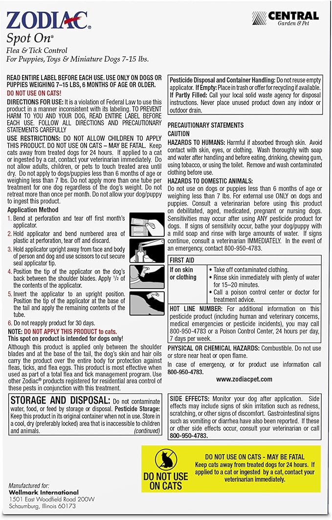 Zodiac Spot On Flea & Tick Control Puppies, Toys and Miniature Dogs 7-15 lbs 4 Pack