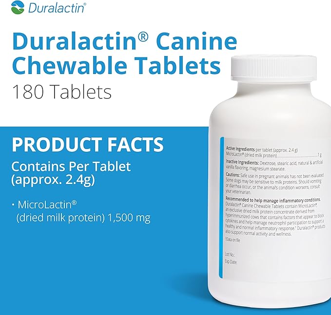 PRN Pharmacal Duralactin Canine Chewable Tablets - Joint Health Supplement for Dogs & Puppies - Contains Milk Protein - Vanilla Flavor - 180 Chews