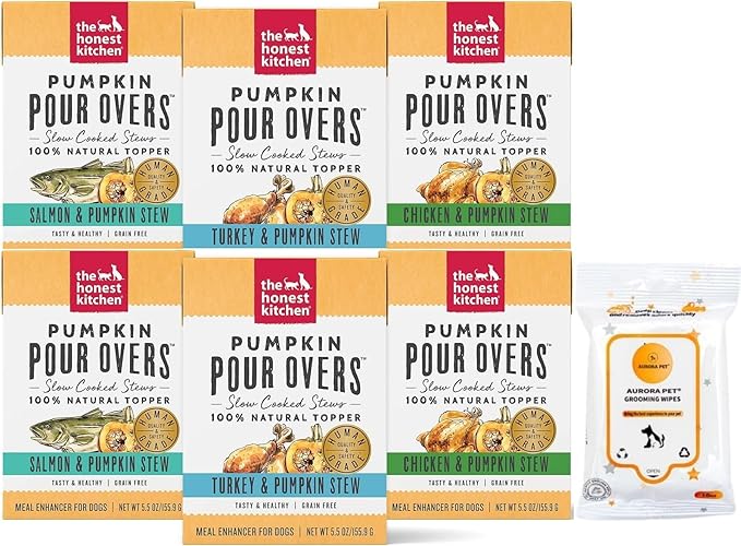 Variety Pack (6) Honest Kitchen Pumpkin Pour Overs Wet Dog Food Topper (2) Chicken (2) Salmon (2) Turkey (5.5-oz Each) with AuroraPet Wipes