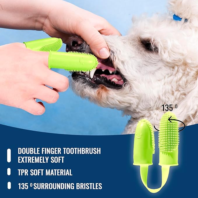 Dog Finger Toothbrush, Dog Shampoo Brush, Dog Accessories: 3 in 1 Dog Bath Brush and 2 Finger Tooth Brush Kit, Essential Puppy Products for Teeth Cleaning, Bathing, and Grooming (Yellow).