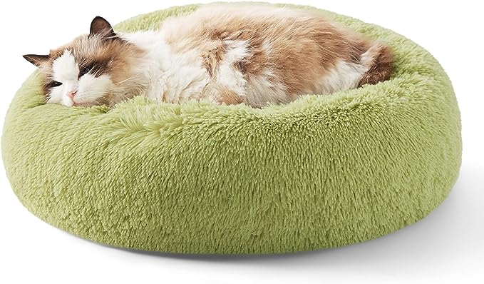Bedsure Calming Cat Bed for Indoor Cats - Small Washable Round Cat Bed, Anti-Slip Fluffy Plush Faux Fur Pet Bed, Fits up to 15 lbs Pets, Green, 20 inches