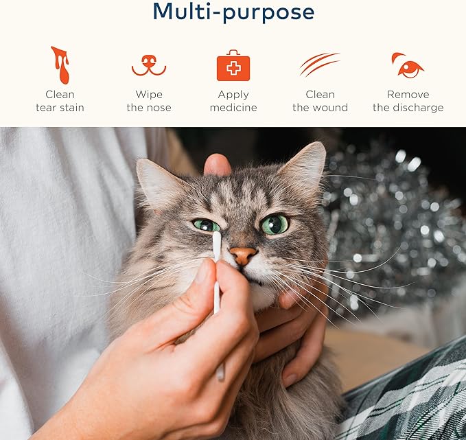 Cotton Swabs for Dogs and Cats - Cat & Dog Ear Cleaner Long Cotton Swab - Extra Long Stick, Cat & Dog Ear Cleaning Kit for Puppies and Pets, Multipurpose Pet Cotton Swabs for Ears (200 buds)