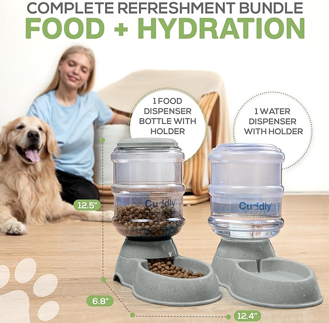 2 Pack Self Feeding Dog Food and Water Dispenser - 3.75L Automatic Pet Feeder for Small & Medium Dogs, Spill Proof Gravity Cat Feeder and Water Dispenser (Grey)