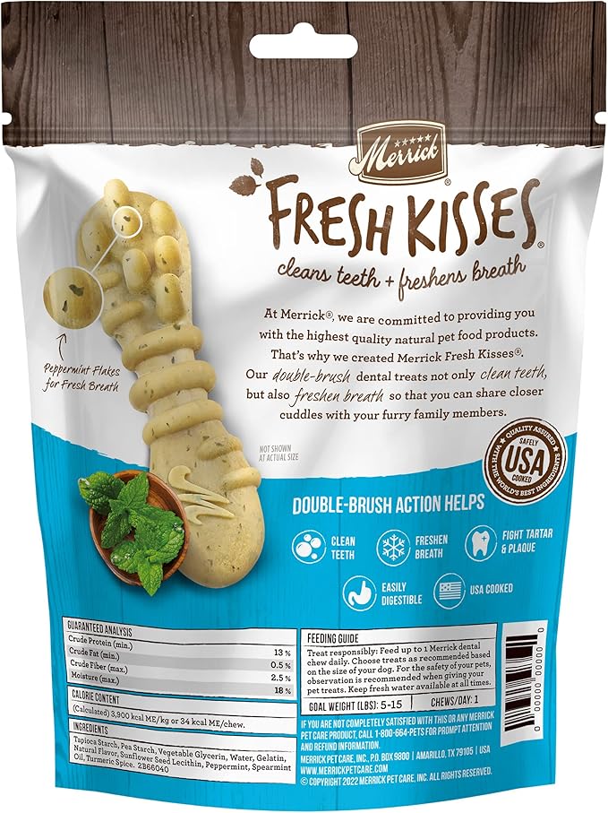 Merrick Fresh Kisses Natural Dental Chews Toothbrush Treat Shape Infused With Real Mint For Tiny Dogs 5-15 Lbs - 33 ct. Bag