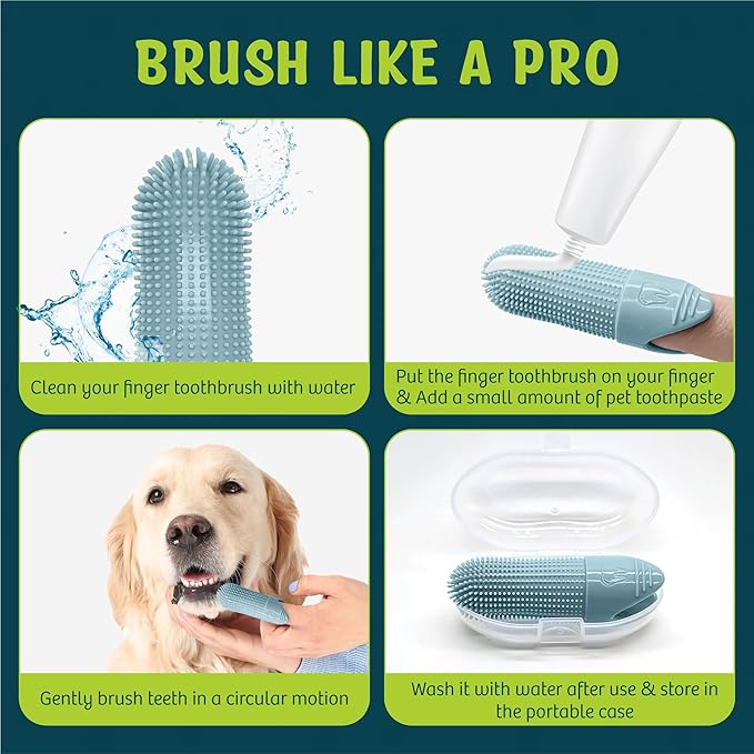 360º Dog Finger Toothbrush, Cat Toothbrush, Dog Tooth Brushing Kit, Dog Teeth Cleaning Kit, Dog Dental Care, for Use with Dog Toothpaste and Cat Toothpaste (2-Pack) (Blue)
