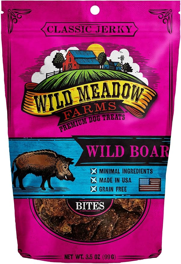 Wild Meadow Farms - Classic Wild Boar Bites, Soft Jerky Treats for Dogs, Grain-Free & All-Natural, Ideal for Training, Portioning, and High-Value Rewards for All Breeds & Ages - 3.5 Ounce Pouch