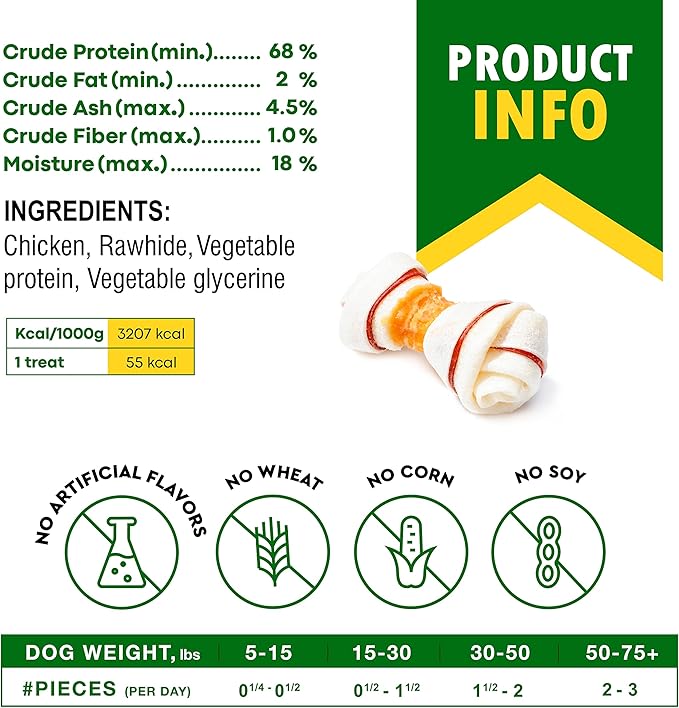 Dog Rawhide Bones Wrapped with Chicken & Pet Natural Chew Treats - Grain Free Meat & Healthy Human Grade Dried Snacks in Bulk - Best Chews for Training Small & Large Dogs - Made for USA