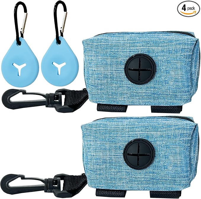 Dog Poop Bag Holder for Leash, 2 Pack Dog Poop Bag Dispenser Doggie Waste Bag Holder Puppy Poop Bag Carrier, plus 2 Waste Holder for Dispenser Carrier - Fits All Dog Leash (Blue)