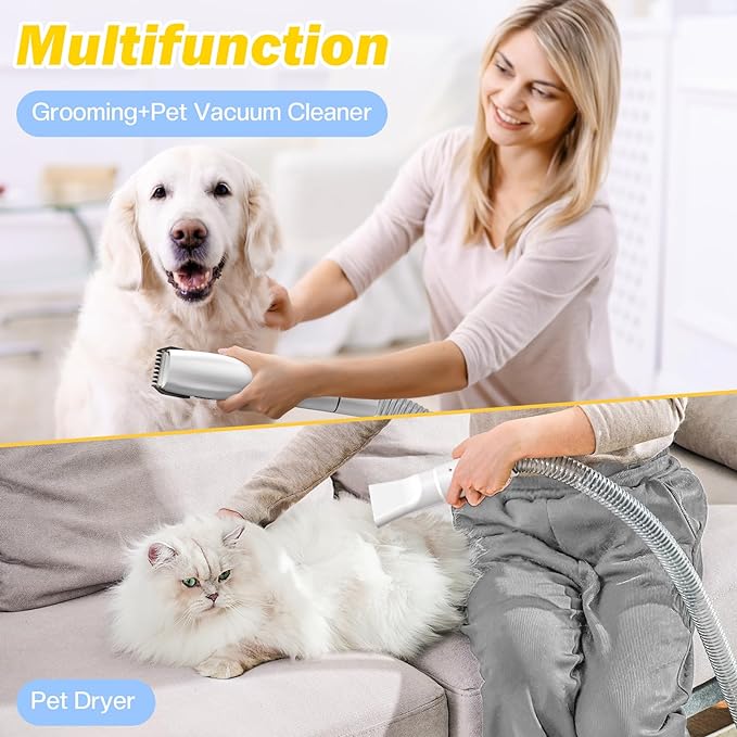 Dog Grooming Vacuum & Pet Hair Dryer & Dog Electric Clippers Suction 99% Pet Hair, Large Capacity Dog Vacuum with 9 Grooming Tools, Quiet, Adjustable Airflow and Temperature, UL