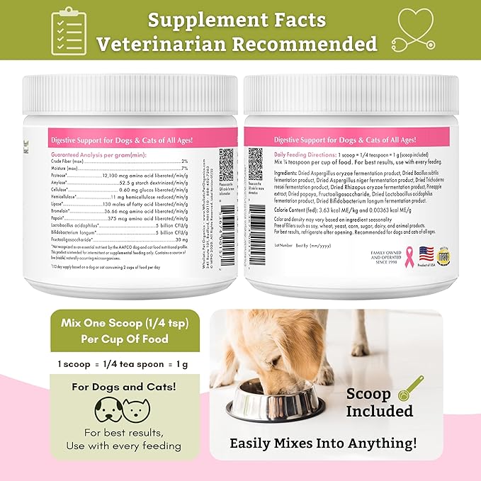 Wholistic Pet Organics: Dog Probiotics and Digestive Enzymes Powder Dog Prebiotic and Probiotic Supplement Prevents Upset Stomach Gut Health Probiotics for Dogs and Puppies Stool Ease for Dogs