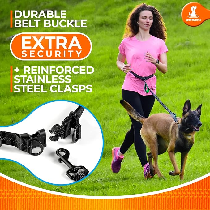 SparklyPets Hands Free Dog Leash with Reflective Stitches – Waist Leash for Dog Walking, Training & Jogging – Running Leash Hands Free for Medium & Large Dogs