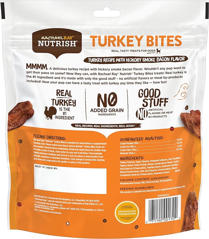 Rachael Ray Nutrish Turkey Bites Real Meat Grain Free Dog Treats, Turkey Recipe with Hickory Smoked Bacon Flavor, 12 Ounces (Packaging May Vary)