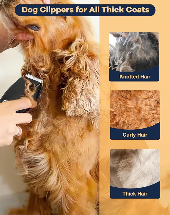 Dog Clippers Grooming Kit, 2 in 1 Professional Dog Clippers for Thick Heavy Coats, Low Noise Dog Paw Trimmer with LED Light, Cordless Rechargeable Pet Hair Shaver for Small & Large Dogs Cats