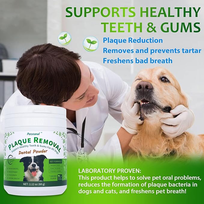 Plaque Removal Natural Dental Powder - Dog Dental Care and Bad Breath Treatment, Dog Teeth Cleaning Powder for Healthy Teeth & Gums for All Dogs - 60g