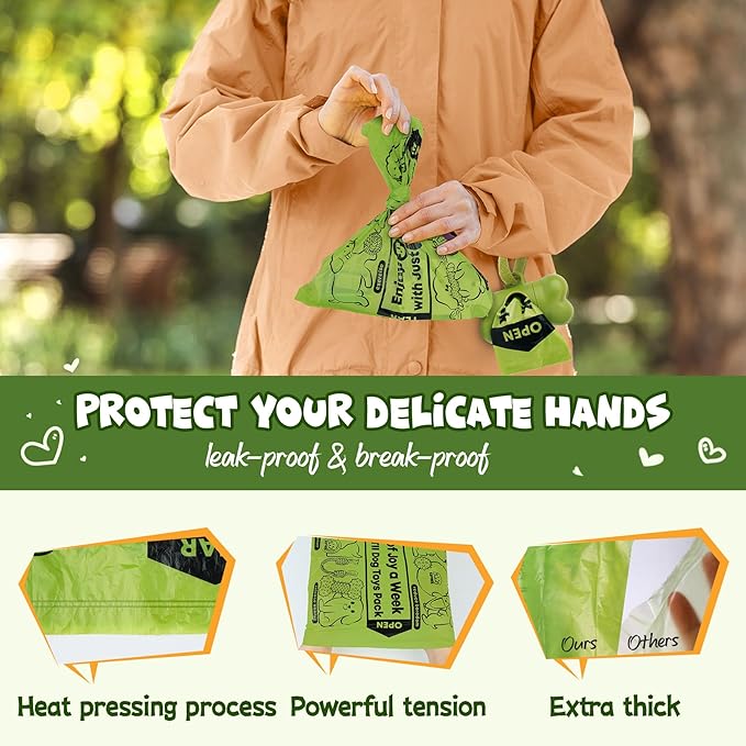 KIPRITII Strong-Endurance Dog Poop Bag Set with Dispenser & Leash Clip, Thick Waste Poop Bags for Puppy/Small/Medium/Large Dog & Cat