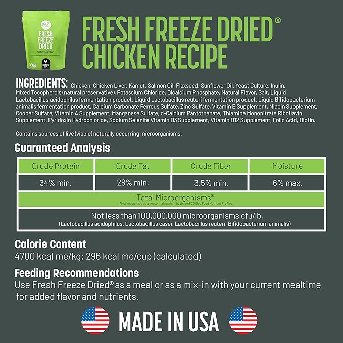 Gut Health Fresh Freeze Dried Raw Meal, Chicken Recipe, 16 Ounce Bag, Dog Food for Dogs of All Breeds and Life Stages, Made in USA