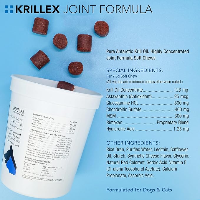 Krillex Joint Formula & Omega 3 Krill Oil for Dogs & Cats - Glucosamine for Dogs - Chondroitin, MSM, & Hyaluronic Acid for Joint Care - Cheese Flavor Chews - 60 ct