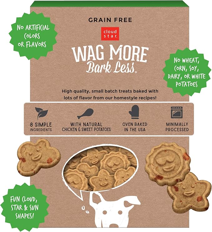 Cloud Star Wag More Bark Less - Dog Treats - Crunchy Biscuits - Grain Free Chicken & Sweet Potato - 14 oz Box